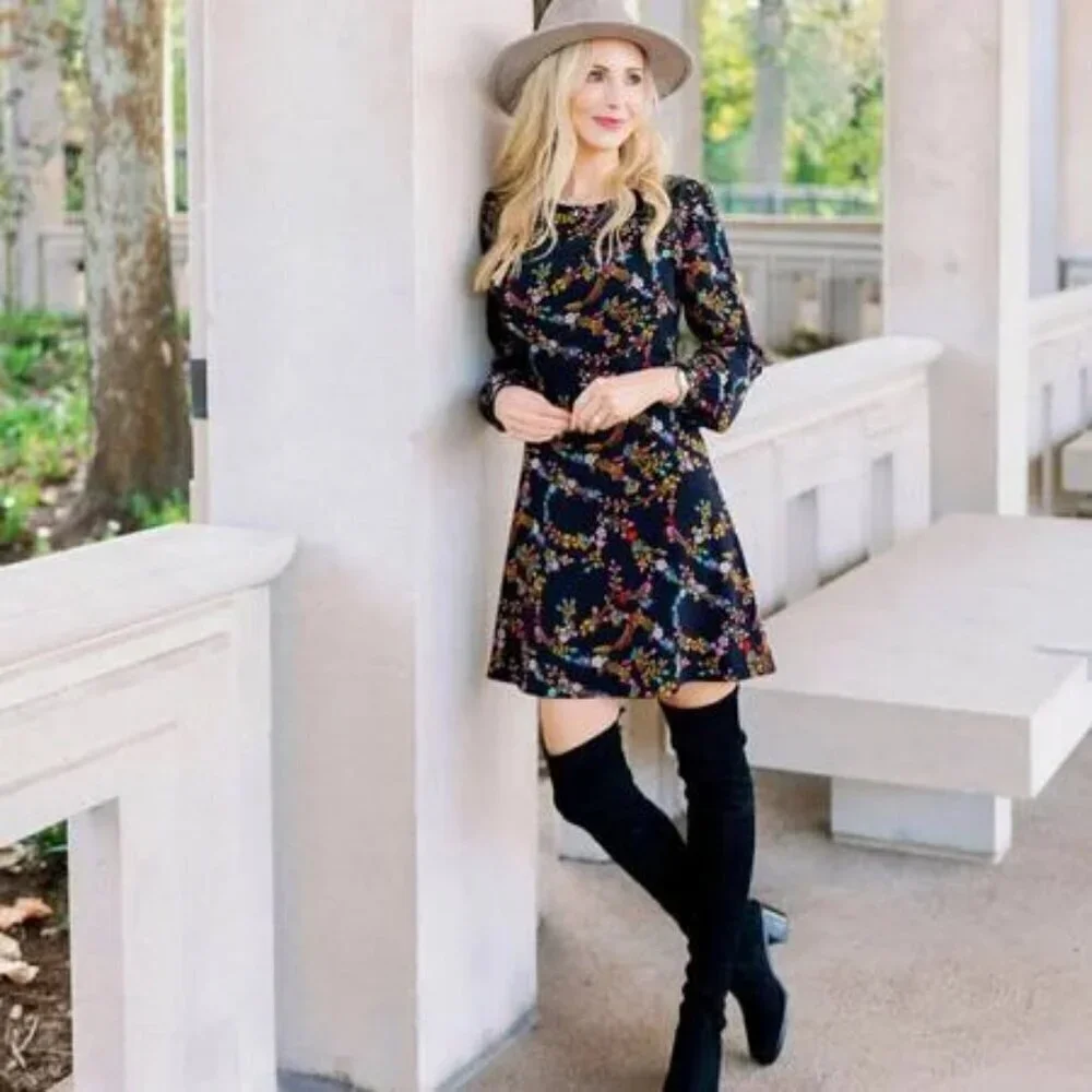 Loft Plus shift dress black dark floral stretch long sleeve flower garland 18